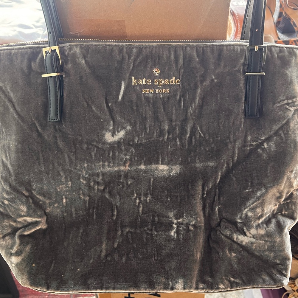 Kate Spade Charcoal Velvet Tote with Gold Details